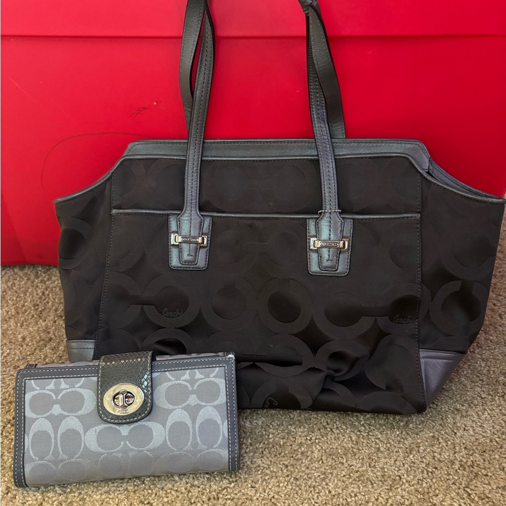 Coach Black and Gray Tote with Signature Pattern + matching Wallet